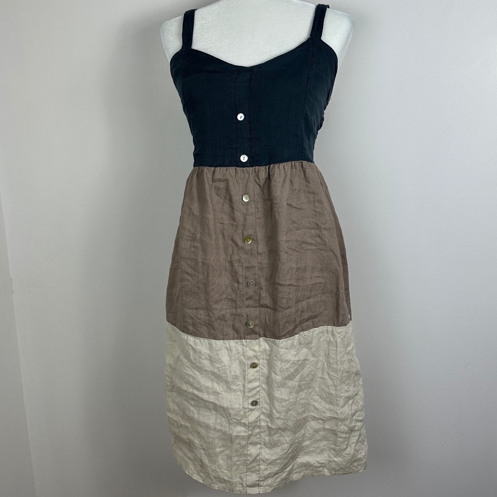 Lungo L'Arno 100% Linen Tiered Button Front Dress Black Brown Womens Size Medium